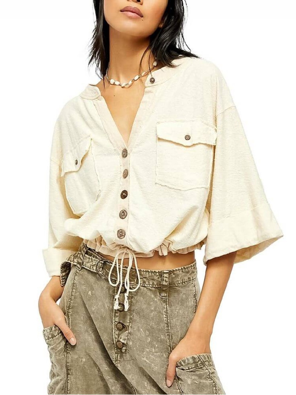Free people Women's Cream Button-Front Cropped Utility Top